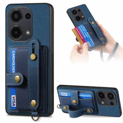 Blue leather wallet phone case with wrist strap, card slots, and camera cutouts