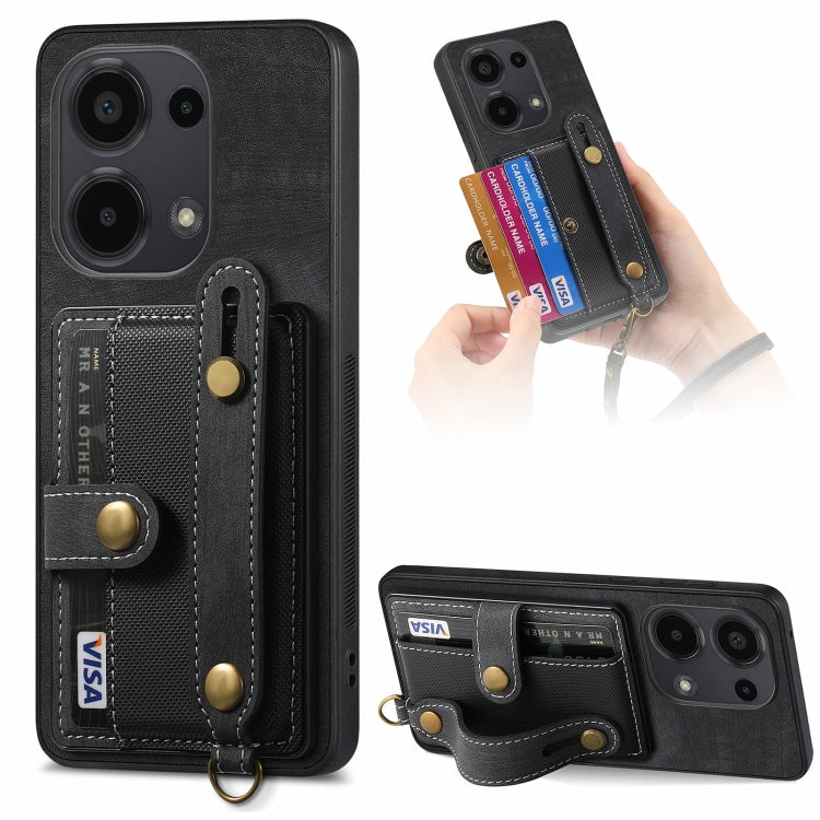 Black leather wallet phone case with wrist strap, card slots, and camera cutouts