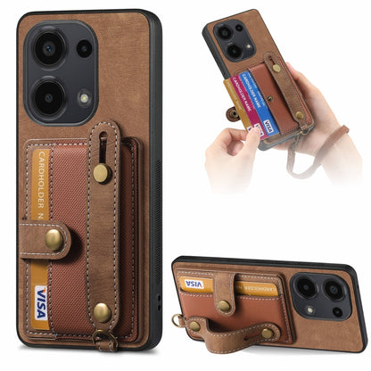 Brown leather phone case wallet with wrist strap, card slots, and camera cutouts