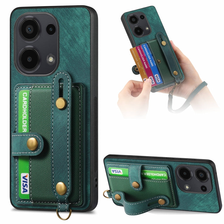 Green leather phone case wallet with wrist strap, card slots, and camera cutouts