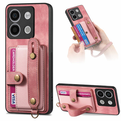 Pink leather wallet phone case with wrist strap and card holder