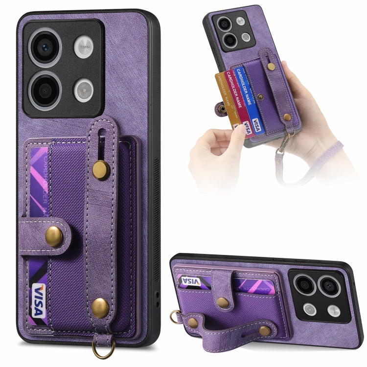 Purple leather wallet phone case with wrist strap and card holder