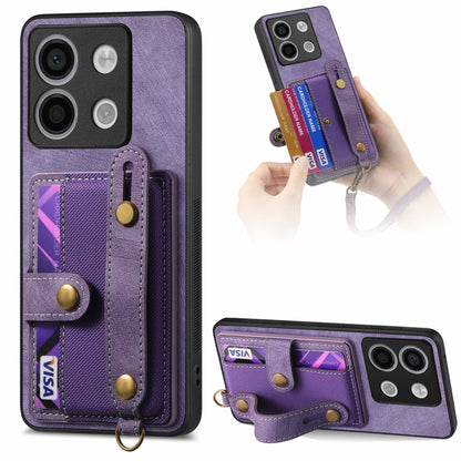 Purple leather wallet phone case with wrist strap and card holder