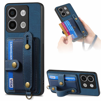 Blue leather wallet phone case with wrist strap and card holder