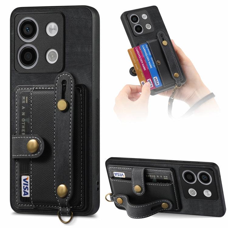 Black leather wallet phone case with wrist strap and card holder