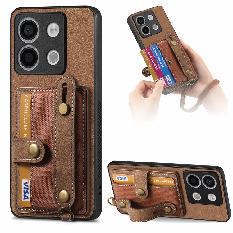 Brown leather-look wallet phone case with wrist strap and card holder