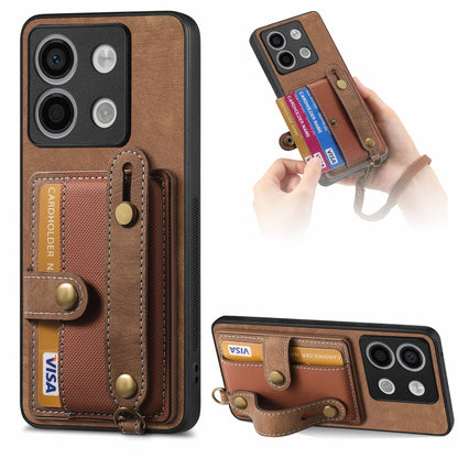 Brown leather-look wallet phone case with wrist strap and card holder