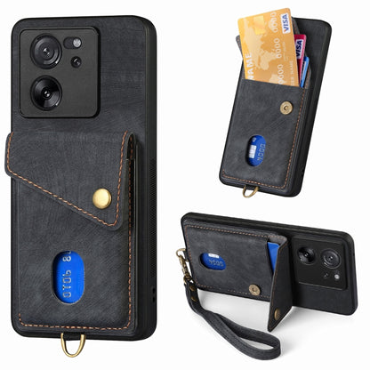 Leather phone case with card holder and wrist strap, dark gray, with camera cutouts