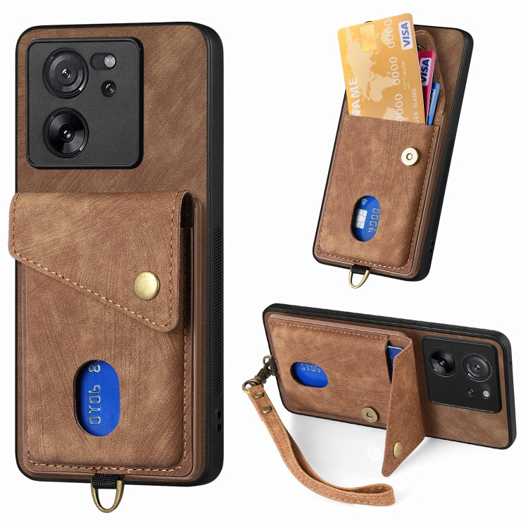 Leather phone case with card holder and wrist strap, brown, with camera cutouts