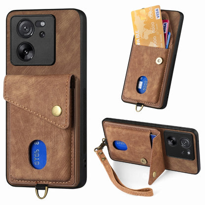 Leather phone case with card holder and wrist strap, brown, with camera cutouts