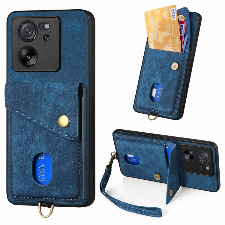 Leather phone case with card holder and wrist strap, blue, with camera cutouts