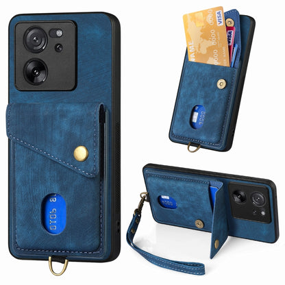 Leather phone case with card holder and wrist strap, blue, with camera cutouts