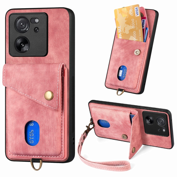 Leather phone case with card holder and wrist strap, pink, with camera cutouts