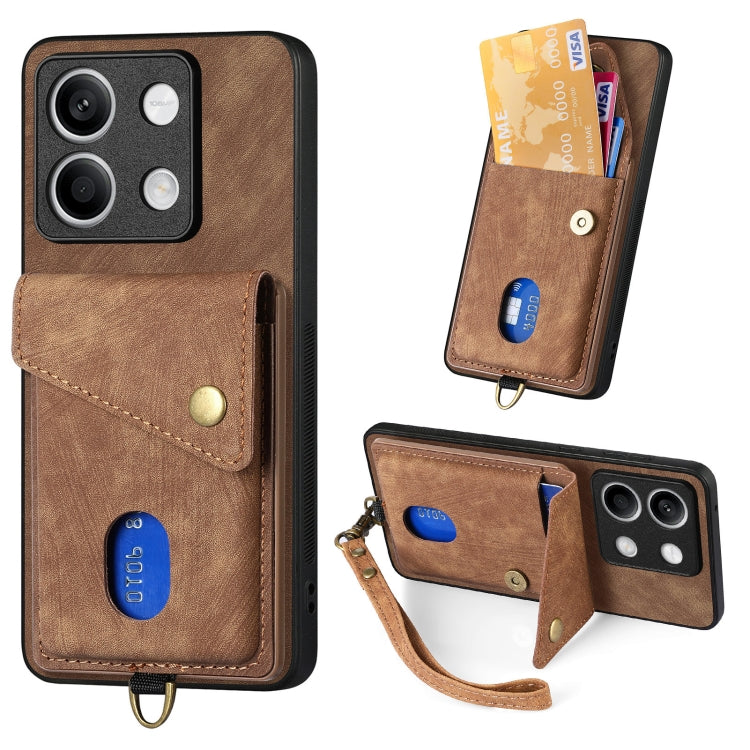 Leather wallet-style phone case with card slot and wrist strap, brown with snap closure.