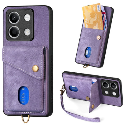 Leather wallet-style phone case with card slot and wrist strap, purple with snap closure.