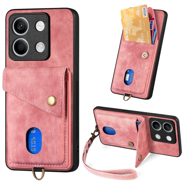 Pink fold leather phone wallet case with wrist strap, card slots, and snap closure