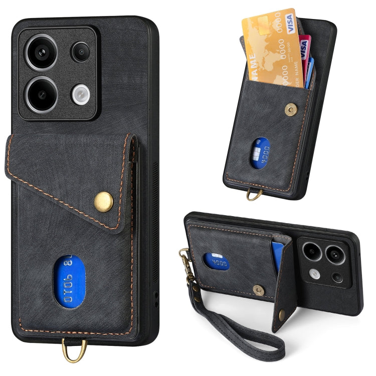 Dark gray fold leather phone wallet case with wrist strap, card slots, and snap closure