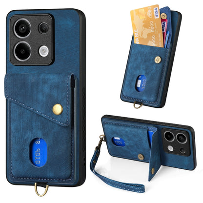Leather phone case with card holder and wrist strap, blue, with camera cutouts