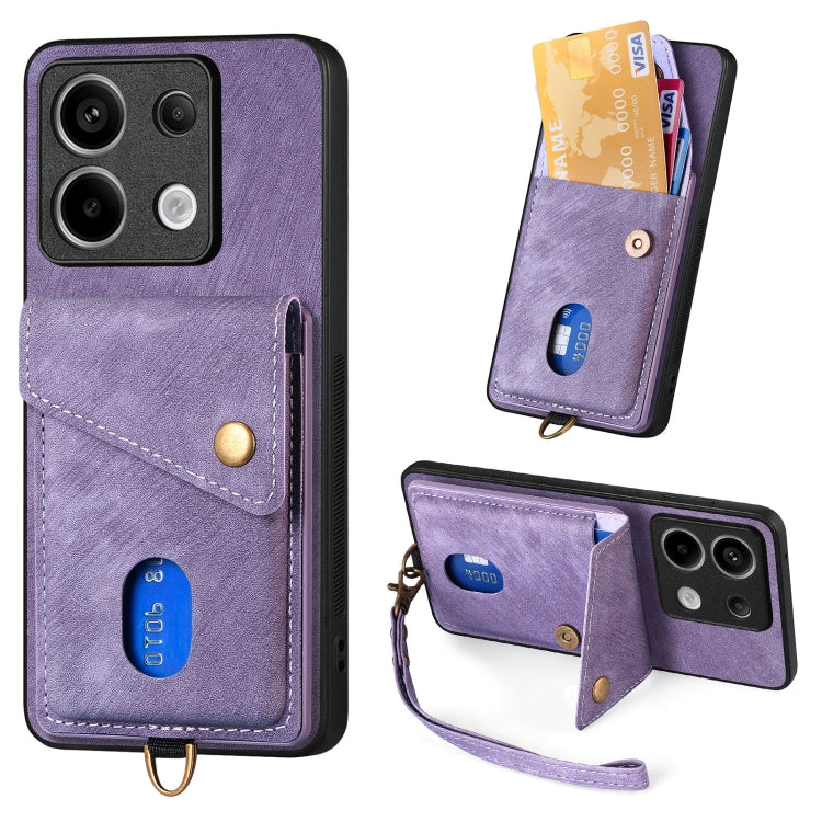 Leather phone case with card holder and wrist strap, purple, with camera cutouts