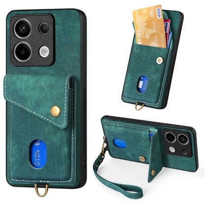 Leather phone case with card holder and wrist strap, green, with camera cutouts