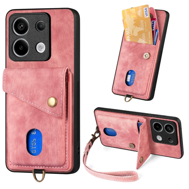 Leather phone case with card holder and wrist strap, pink, with camera cutouts