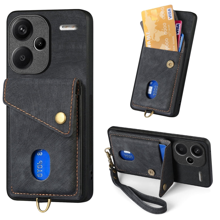 Black fold leather phone wallet case with wrist strap, card slots, and magnetic snap