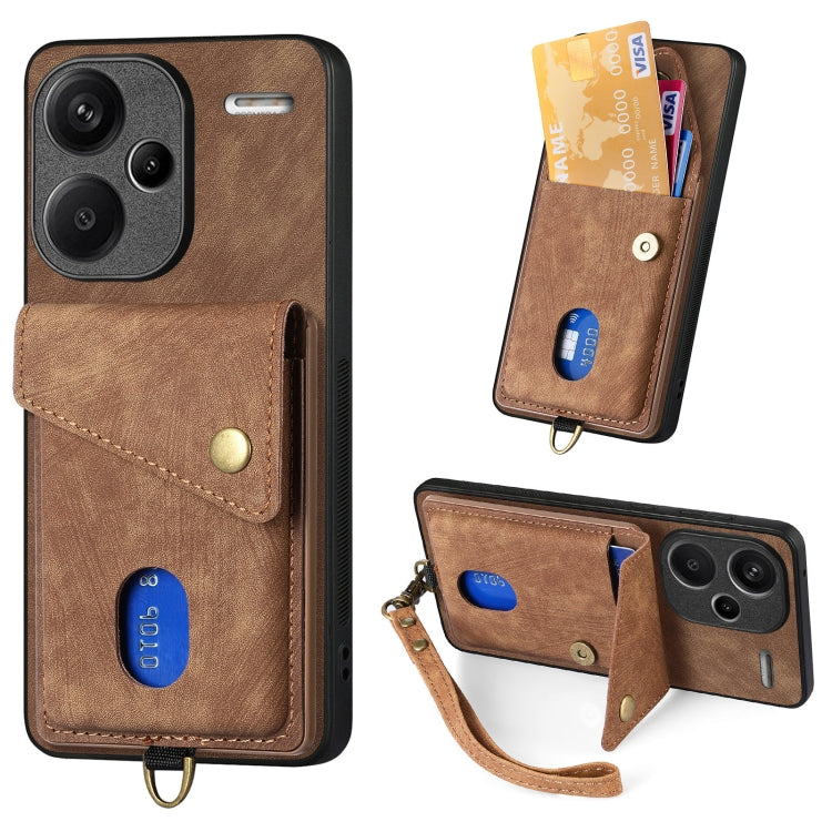Brown fold leather phone wallet case with wrist strap, card slots, and snap closure