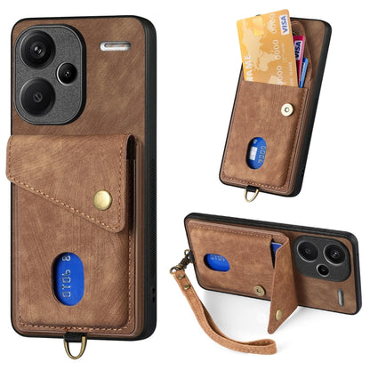 Brown fold leather phone wallet case with wrist strap, card slots, and snap closure