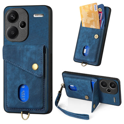 Blue fold leather phone wallet case with wrist strap, card slots, and magnetic snap