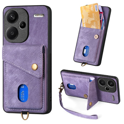 Purple fold leather phone wallet case with wrist strap, card slots, and magnetic snap