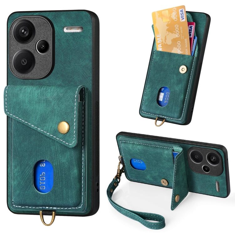 Green fold leather phone wallet case with strap, card slots, and magnetic snap closure