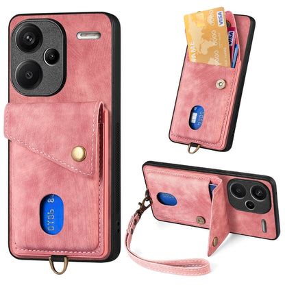 Rose pink fold leather phone wallet case with wrist strap, card slots, and snap closure