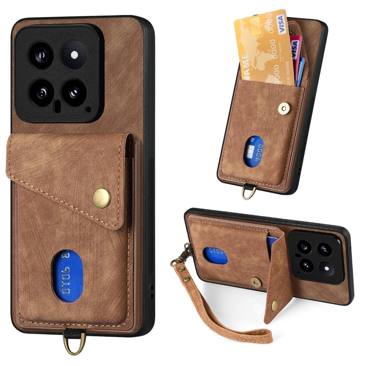 Leather phone wallet case with card slot and wrist strap, brown fold-over design.