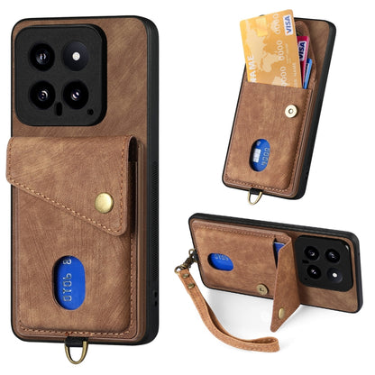 Leather phone wallet case with card slot and wrist strap, brown fold-over design.