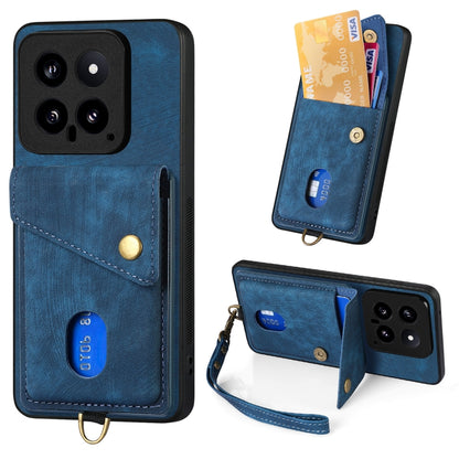 Leather phone wallet case with card slot and wrist strap, blue fold-over design.