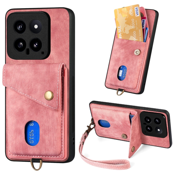 Leather phone wallet case with card slot and wrist strap, pink fold-over design.