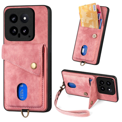 Leather phone wallet case with card slot and wrist strap, pink fold-over design.