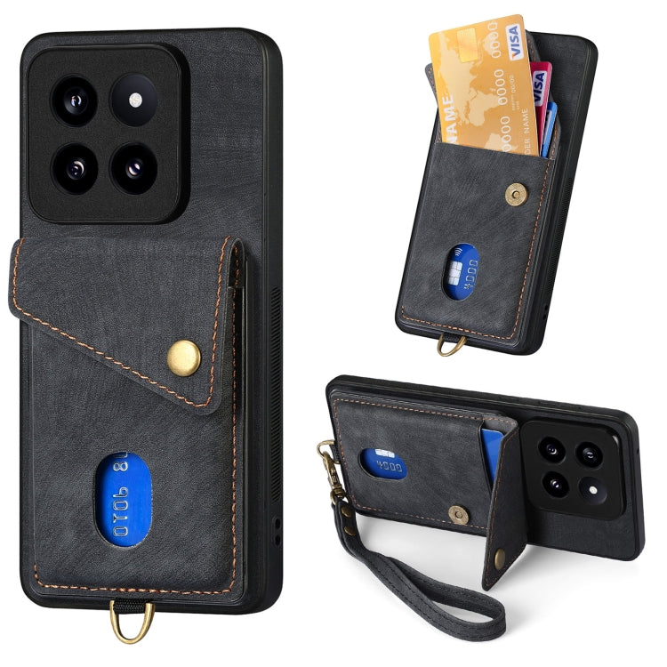 Black leather fold phone case wallet with card slot, magnetic flap, wrist strap