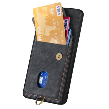 Black leather fold phone case wallet with card slot and wrist strap