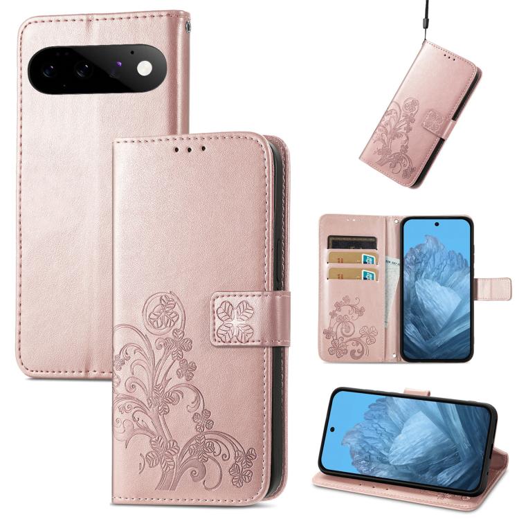 Four-leaf Clasp Embossed Buckle Leather Phone Case, For Google Pixel 11 Pro XL, For Google Pixel 9 Pro XL, For Google Pixel 9, For Google Pixel 8a, For Google Pixel 8 Pro, For Google  Pixel 8
