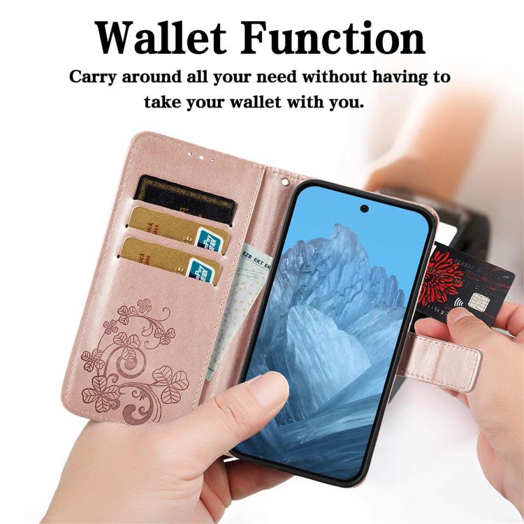 Four-leaf Clasp Embossed Buckle Leather Phone Case, For Google Pixel 11 Pro XL, For Google Pixel 9 Pro XL, For Google Pixel 9, For Google Pixel 8a, For Google Pixel 8 Pro, For Google  Pixel 8