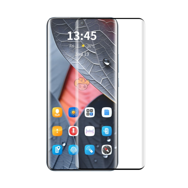 Tempered glass screen protector film on smartphone display, clear full-screen coverage