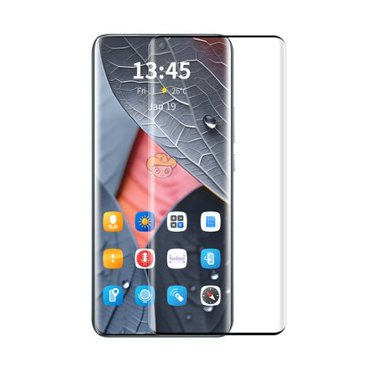 Tempered glass screen protector film on smartphone display, clear full-screen coverage