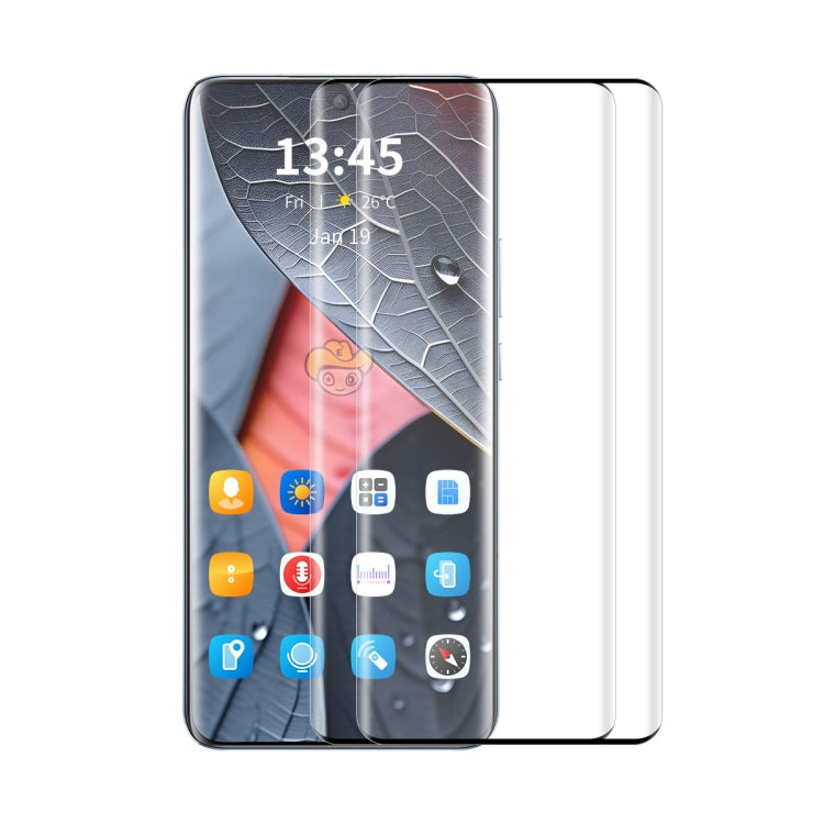 Tempered glass screen protector (2-pack) installed on phone with app icons visible