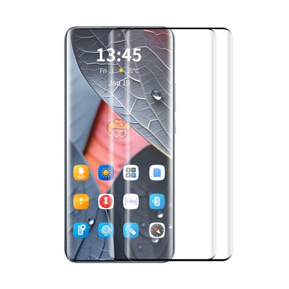 Tempered glass screen protector (2-pack) installed on phone with app icons visible