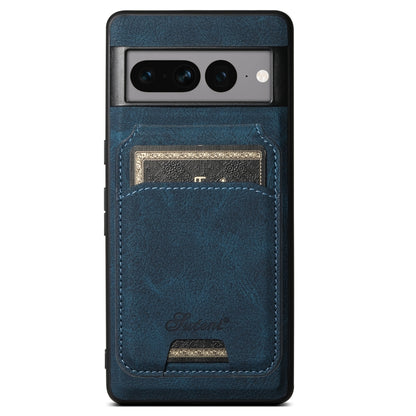 Blue leather phone case with detachable card wallet pocket and stitched trim, Suteni logo