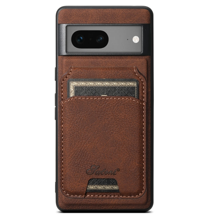 Brown leather phone case with detachable wallet card slot, litchi texture, camera cutout.