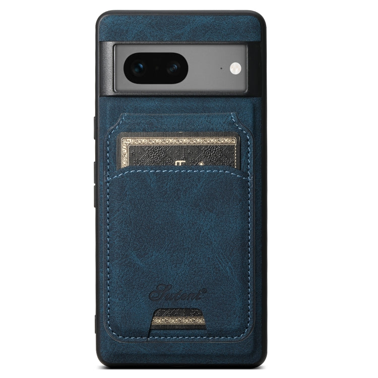 Blue leather phone case with detachable wallet card slot, litchi texture, camera cutout.