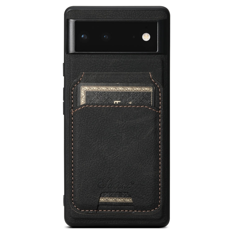 Black leather phone case with detachable wallet card slot, litchi texture, camera cutout.