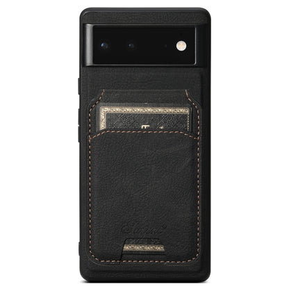 Black leather phone case with detachable wallet card slot, litchi texture, camera cutout.
